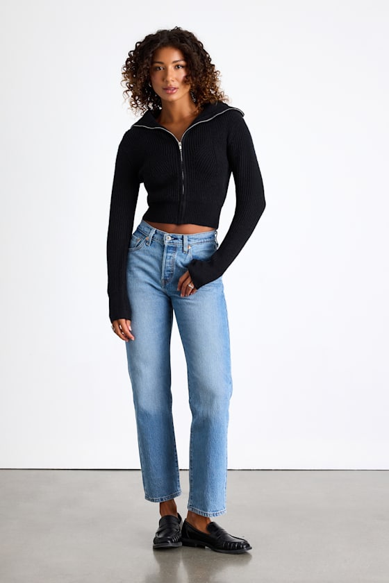 Cozy Inclination Black Cropped Zip-Front Collared Sweater