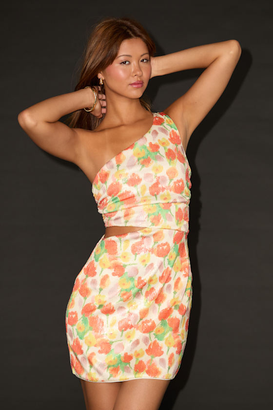 Carissa White Multi Floral Sequin One-Shoulder Mini Dress