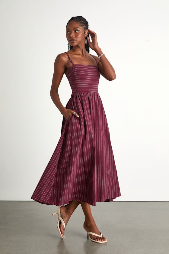 Feeling the Best Plum Striped Tie-Back Midi Dress with Pockets