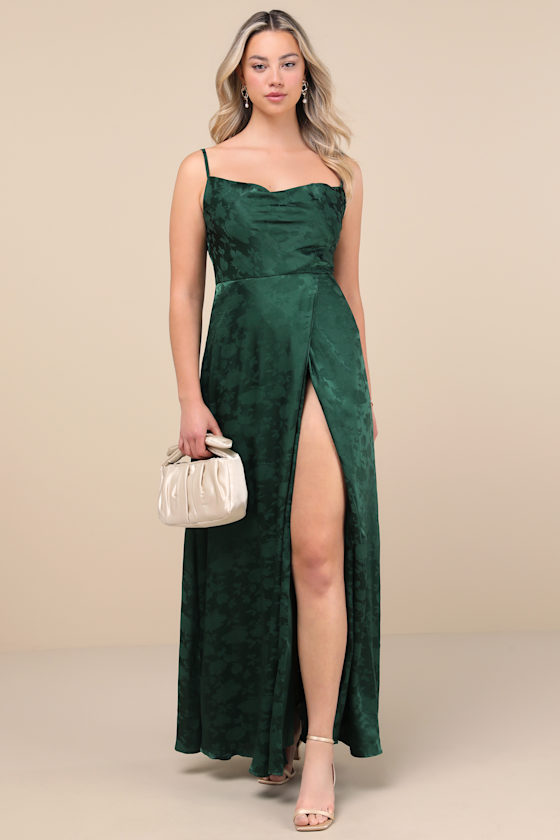 Simply Dreamy Emerald Green Satin Floral Jacquard Maxi Dress