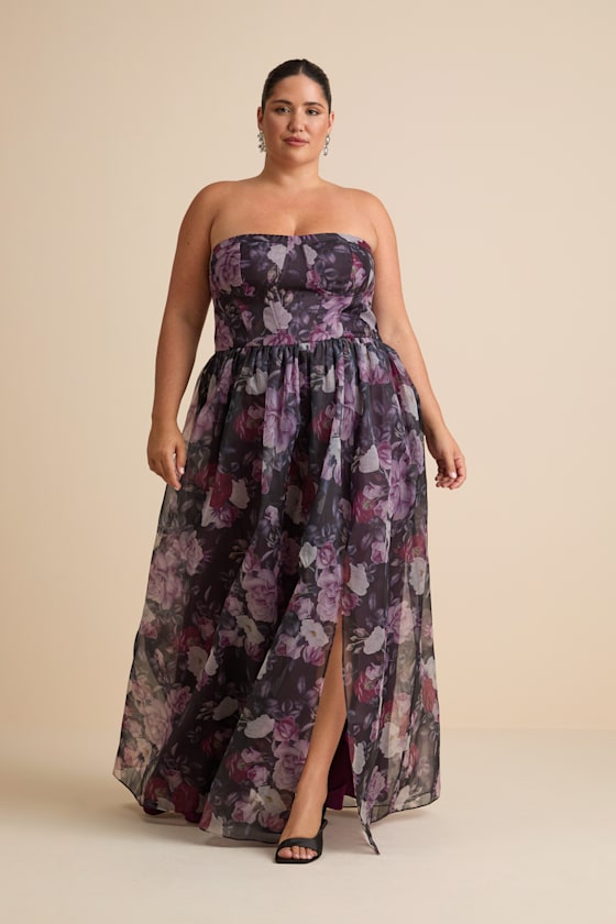 Wonderful Waltz Purple Floral Print Strapless Bustier Maxi Dress