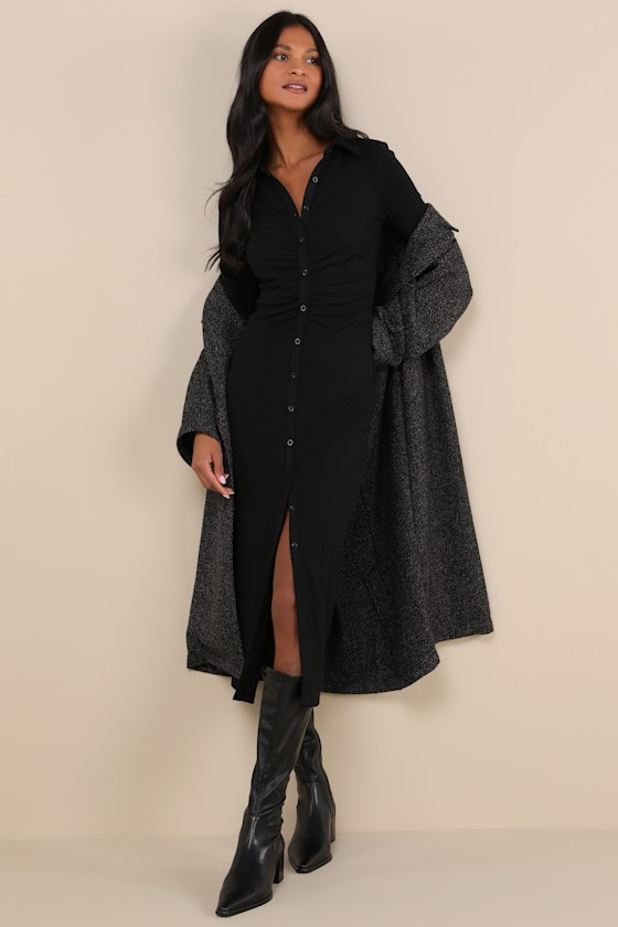 A Little Prep Black Button-Up Bodycon Midi Dress