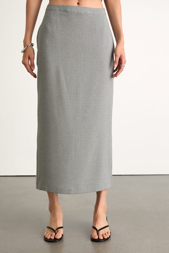 Halena Light Grey Plaid High-Rise Column Midi Skirt