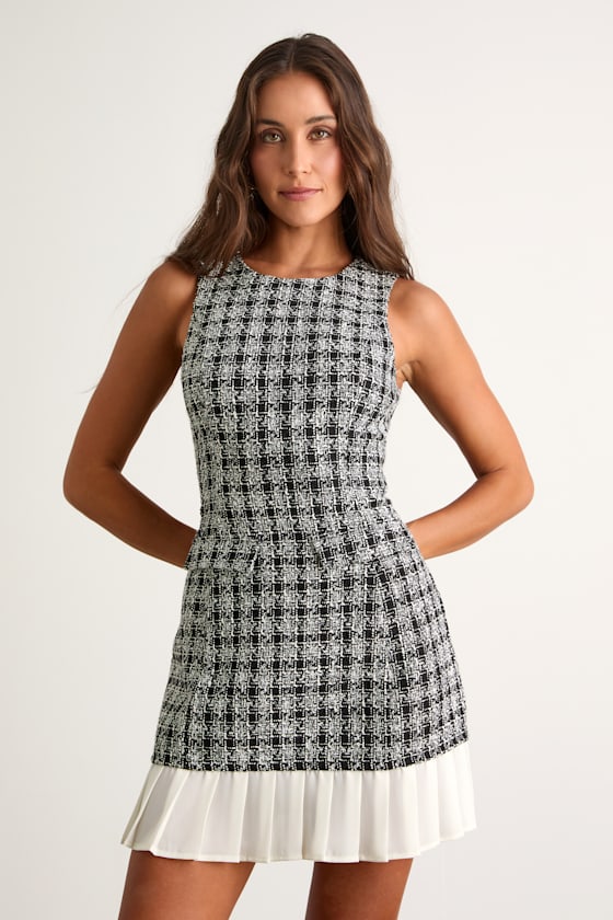 Moroni Black Tweed Pleated Hem Mini Dress