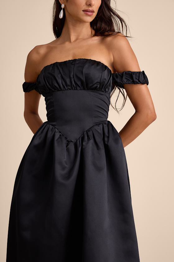 Coquette Essence Black Satin Off-the-Shoulder Lace-Up Midi Dress