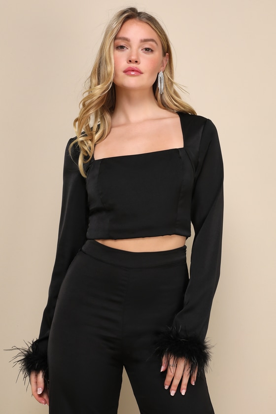 Premium Aura Black Satin Feather Long Sleeve Crop Top