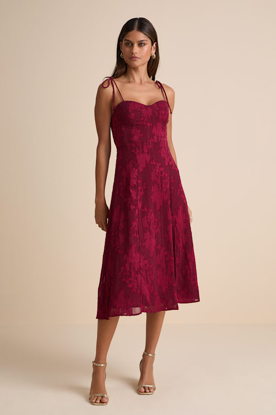 Loveliest Looks Burgundy Floral Jacquard Tie-Strap Midi Dress