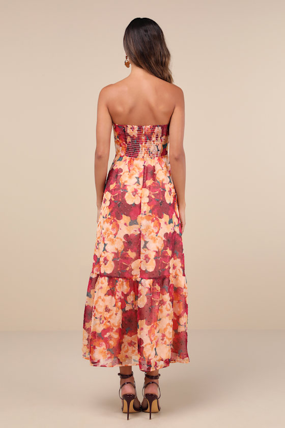 Bright Perspective Plum and Orange Floral Strapless Midi Dress