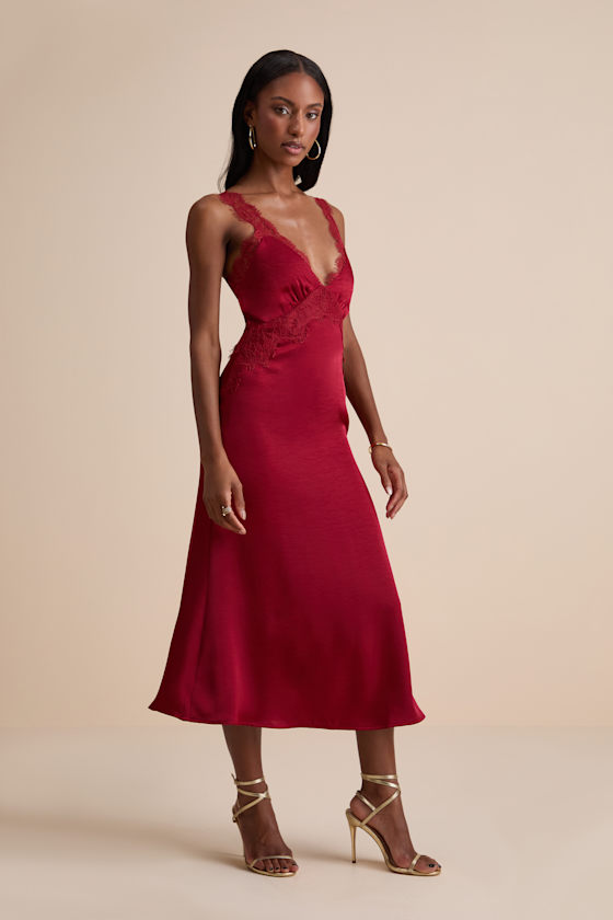 Alayah Red Satin Lace Tie-Back Midi Dress