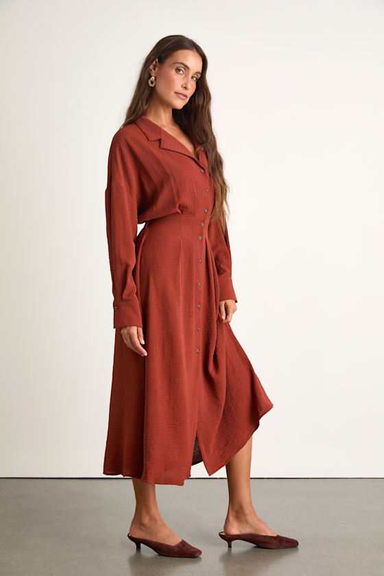 Timeless Class Rust Collared Button-Up Pleated Midi Dress