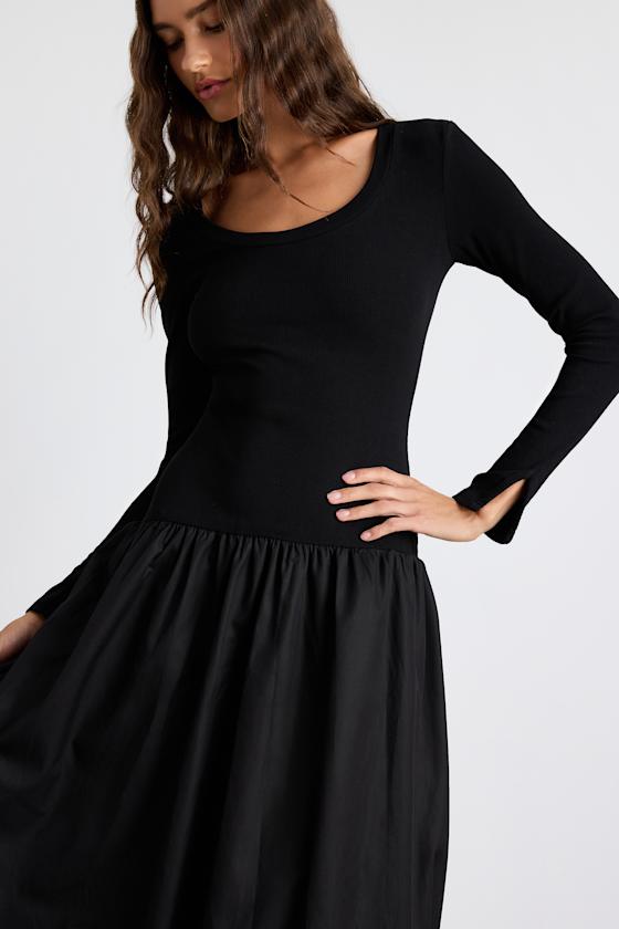 Sophisticated Chic Black Mixed Media Midi Dress