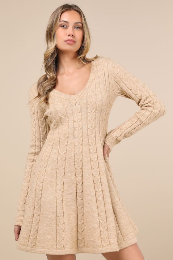 Sweetly Seasonal Beige Cable Knit Sweater Mini Dress