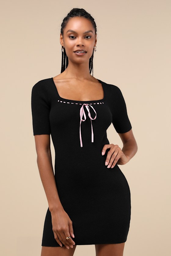 Adorable Motivation Black Ribbed Ribbon Sweater Mini Dress
