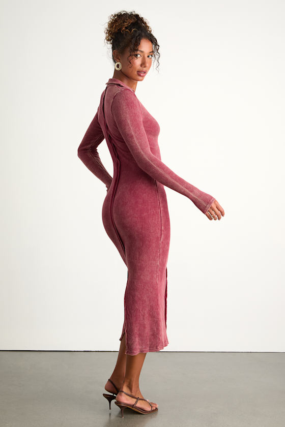 Effortlessly Pristine Washed Berry Ribbed Long Sleeve Midi Dress