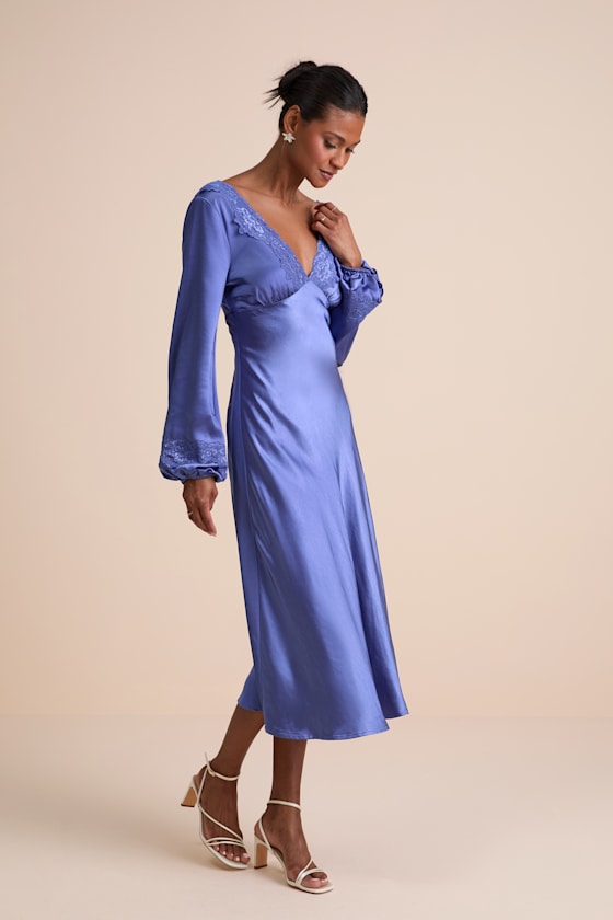 Illustrious Elegance Periwinkle Satin Long Sleeve Midi Dress