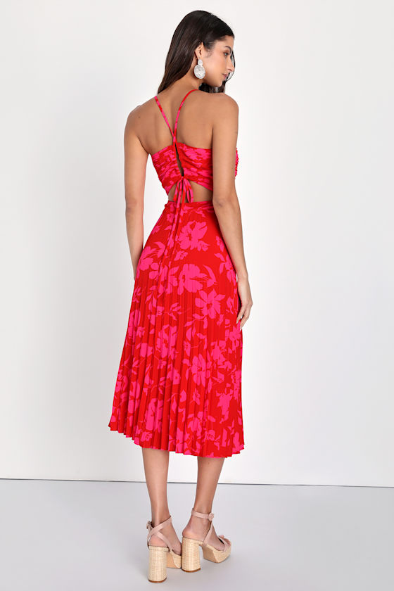 Vibrant Moment Red and Pink Floral Pleated Lace-Up Midi Dress
