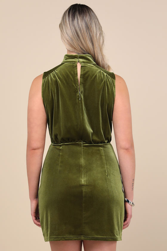 Gorgeous Darling Olive Velvet Sleeveless Mock Neck Mini Dress