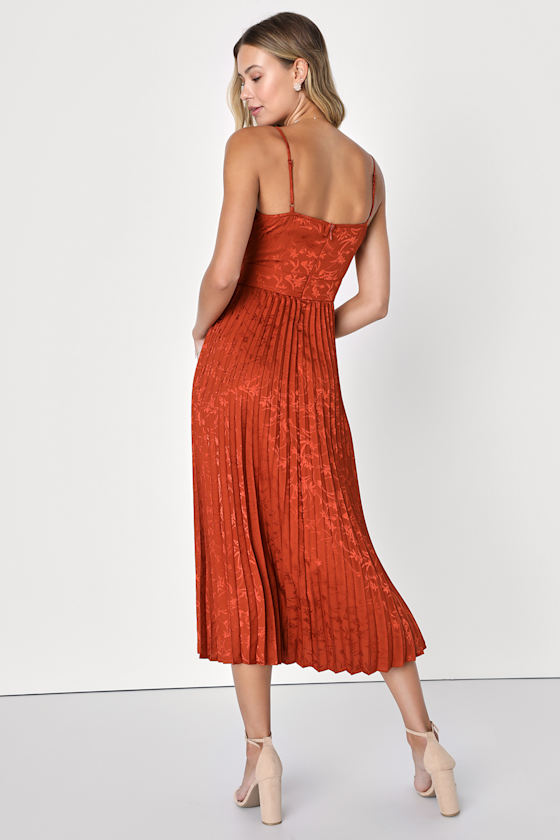 Regal Romance Rust Floral Jacquard Pleated Satin Midi Dress