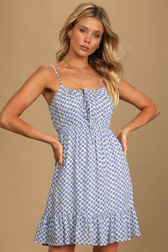 Grecian Getaway Blue and White Print Mini Dress