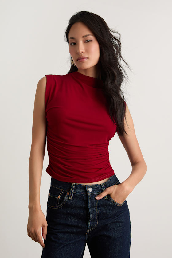 Avaina Wine Red Slinky Knit Ruched Mock Neck Sleeveless Top