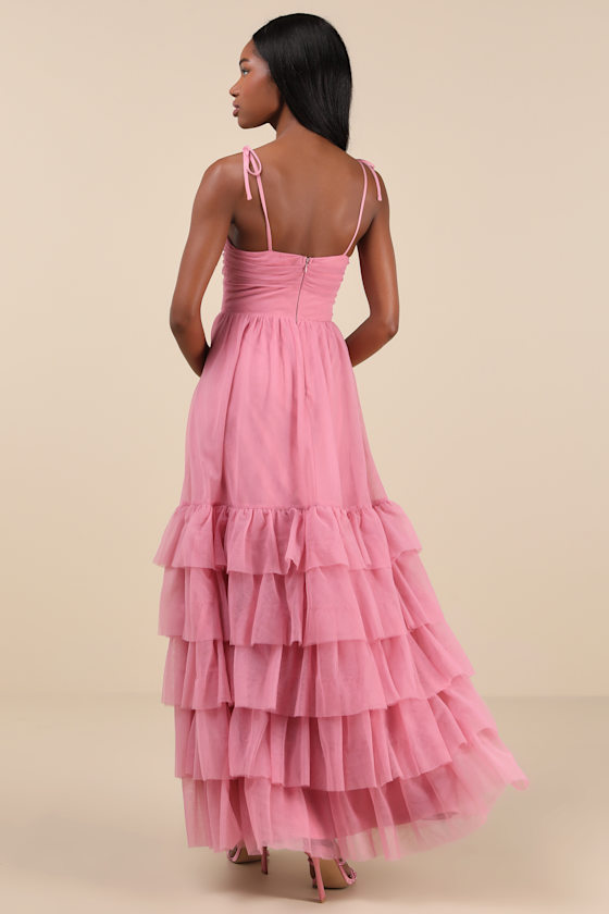 Endlessly Darling Dusty Rose Mesh Tiered Tie-Strap Maxi Dress