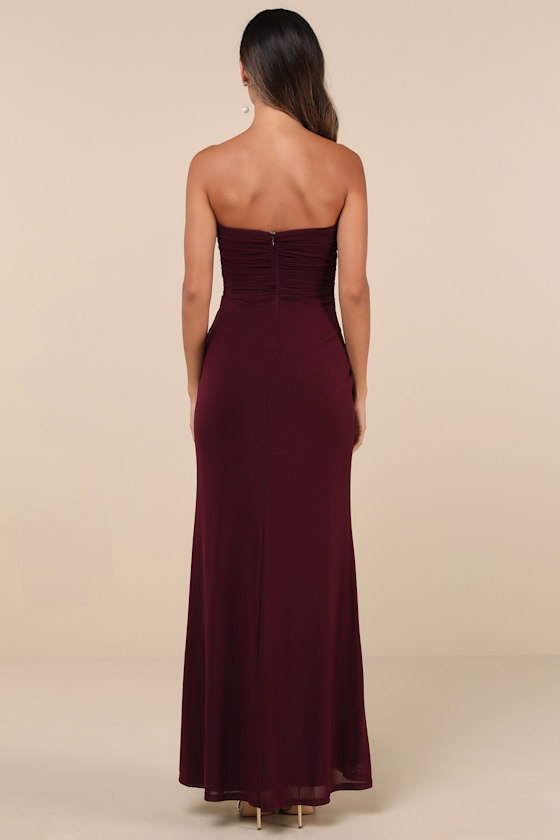 Epitome of Allure Purple Mesh Strapless Ruched Maxi Dress