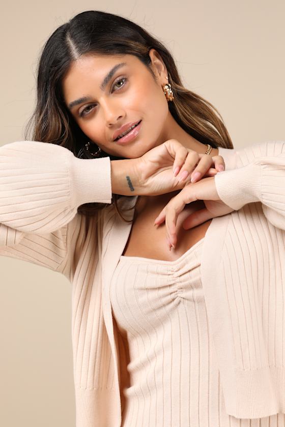 Cutest Duet Beige Knit Cami Top and Cardigan Sweater Set