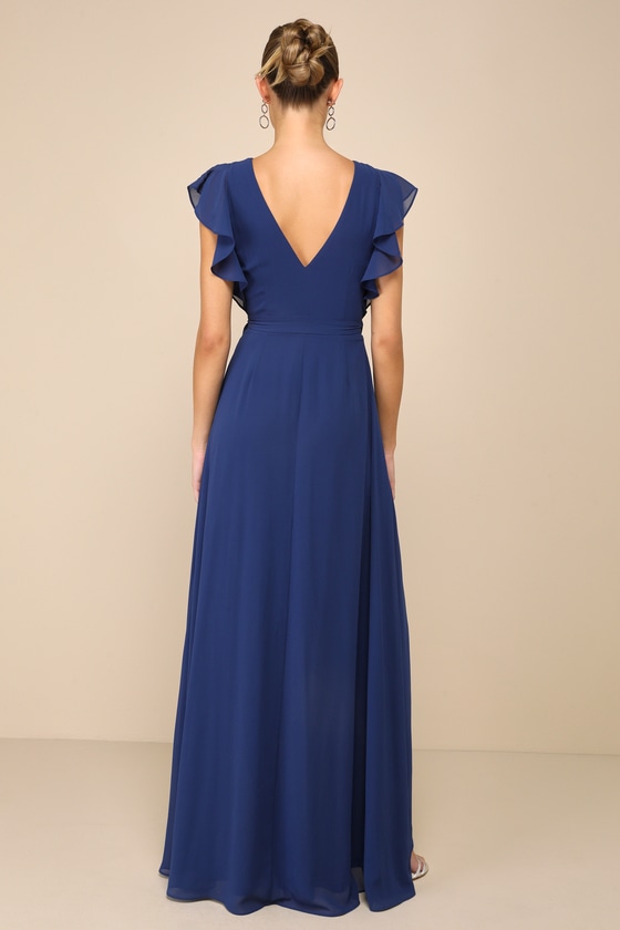 Ravishing Charm Dark Blue Ruffled Wrap High-Low Maxi Dress