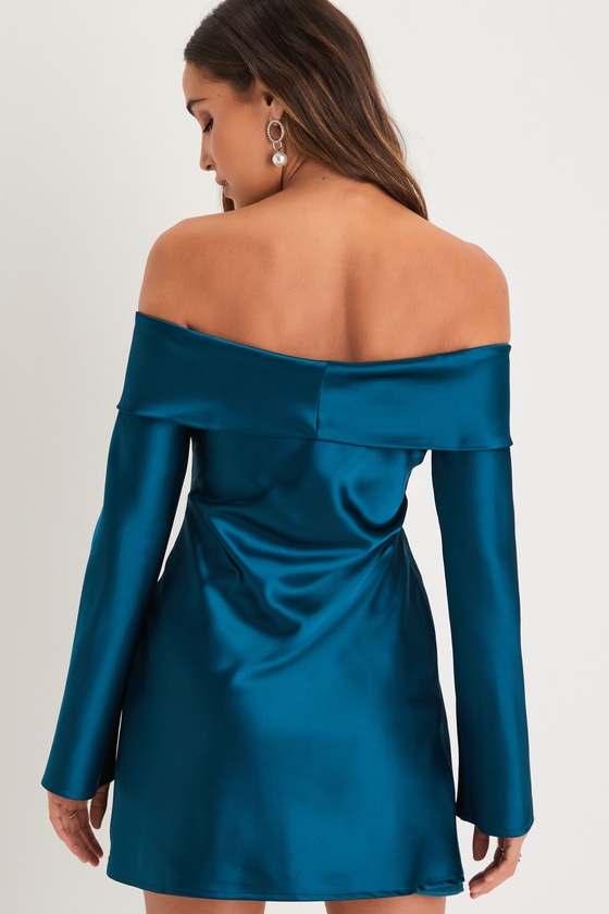 Luxurious Vision Teal Satin Off-the-Shoulder Mini Dress