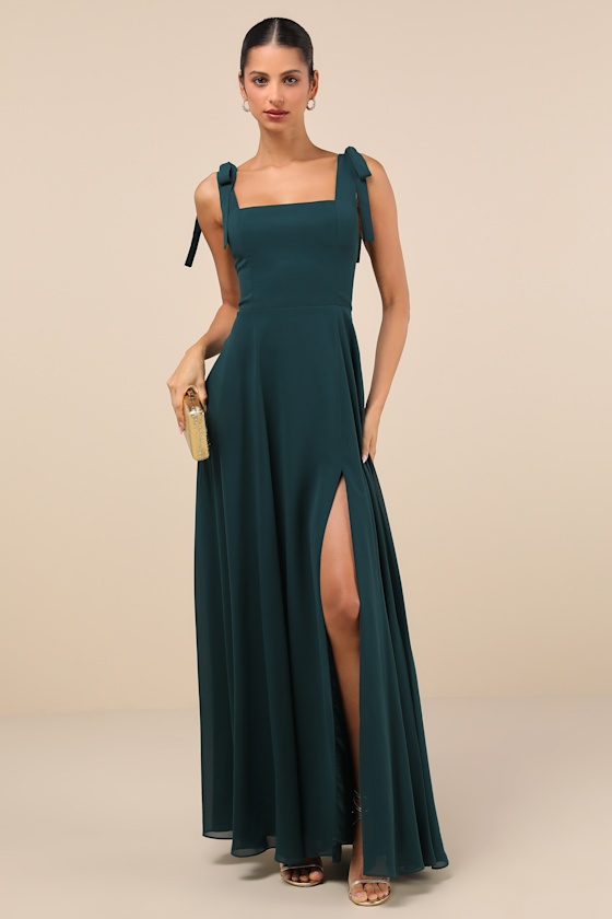 Love Me Forever Emerald Green Tie-Strap Square Neck Maxi Dress