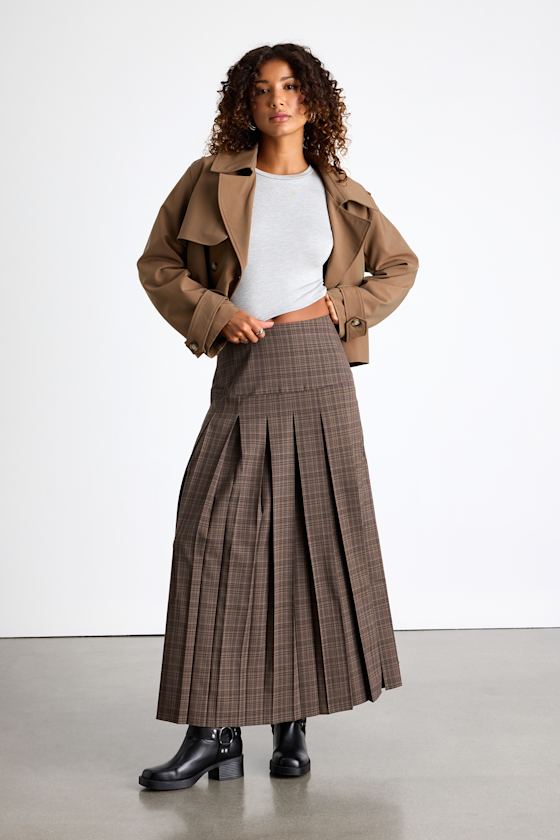 Vessa Brown Plaid High-Rise Pleated Maxi Skirt