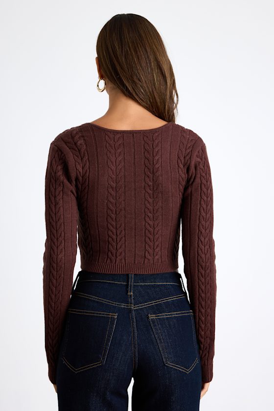 Feliya Brown Cable Knit Cross-Front Sweater Crop Top
