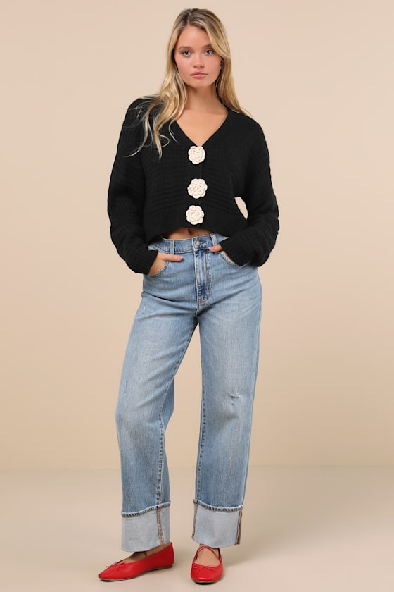 Sweetest Poise Black 3D Rosette Button-Front Cardigan