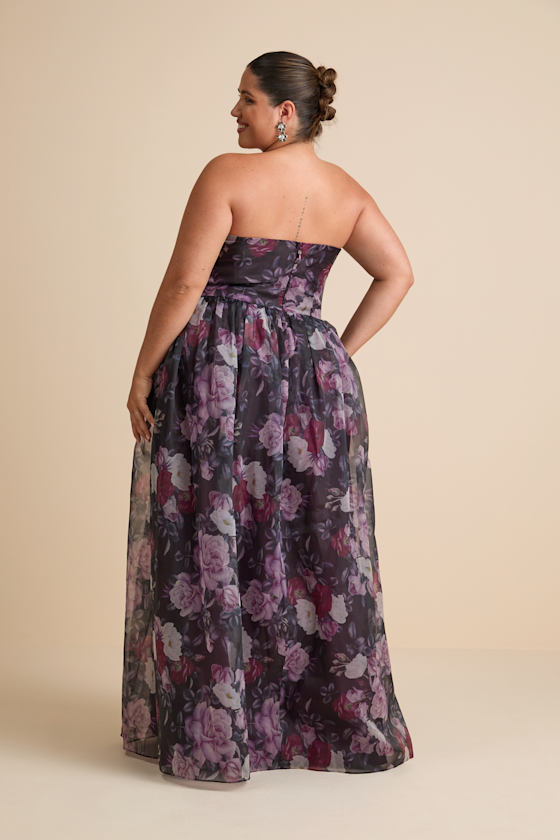Wonderful Waltz Purple Floral Print Strapless Bustier Maxi Dress