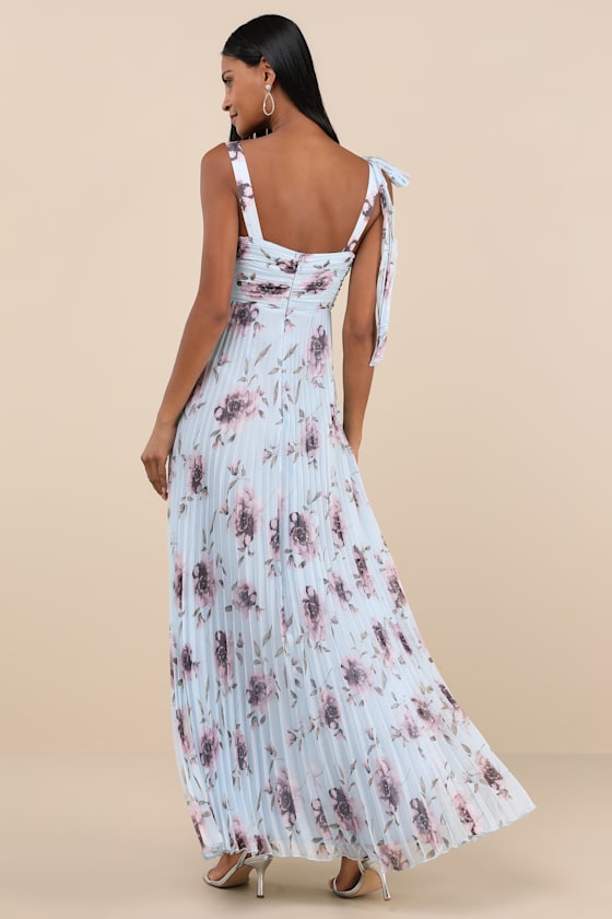 Gorgeous Purpose Blue Floral Pleated Sleeveless Bow Maxi Dress