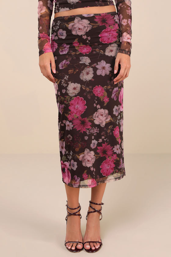 Unforgettably Sweet Brown Floral Print Mesh High-Rise Midi Skirt