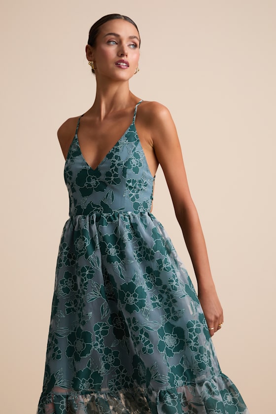 Feeling Like Forever Teal Jacquard Organza Lace-Up Midi Dress