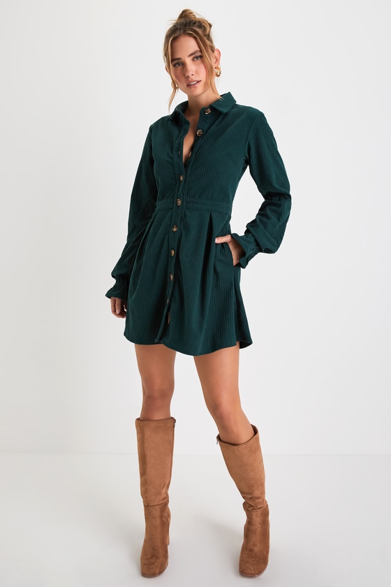 Autumn Mood Emerald Green Corduroy Mini Dress With Pockets