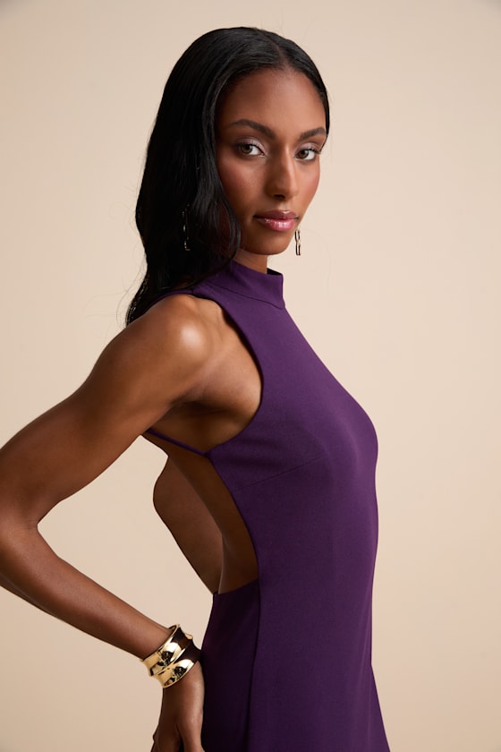 Damaris Dark Purple Mock Neck Backless Maxi Dress