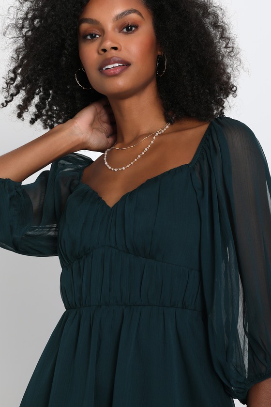 Vivacious Arrival Emerald Chiffon Balloon Sleeve Mini Dress