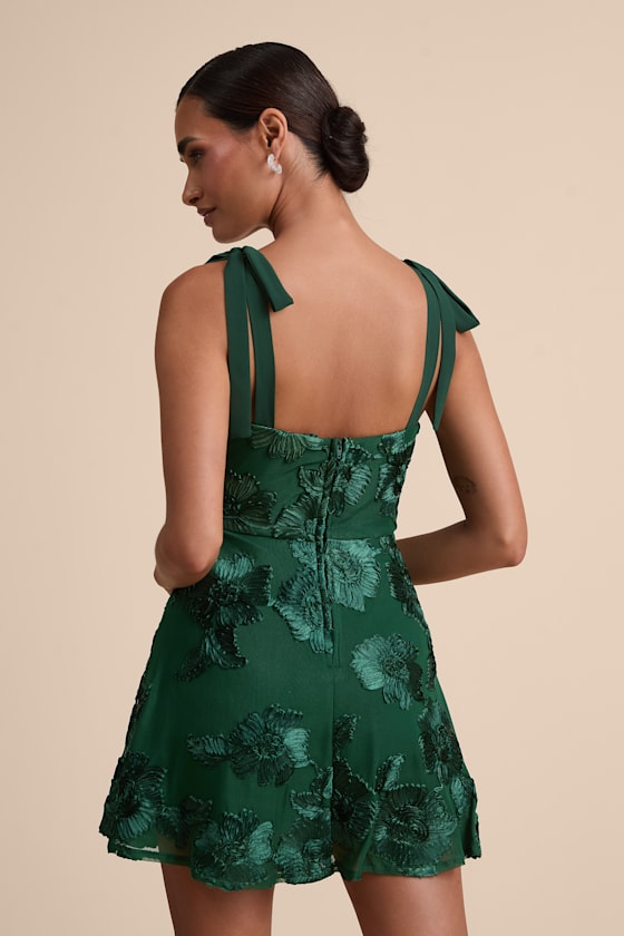 Truly Inspiring Dark Green Floral Applique Tie-Strap Mini Dress