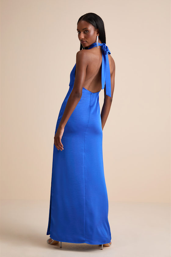Carmelo Blue Satin Halter Neck Backless Maxi Dress
