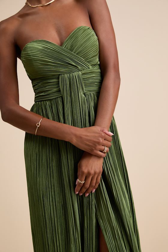 Oswin Olive Green Satin Plisse Strapless Maxi Dress