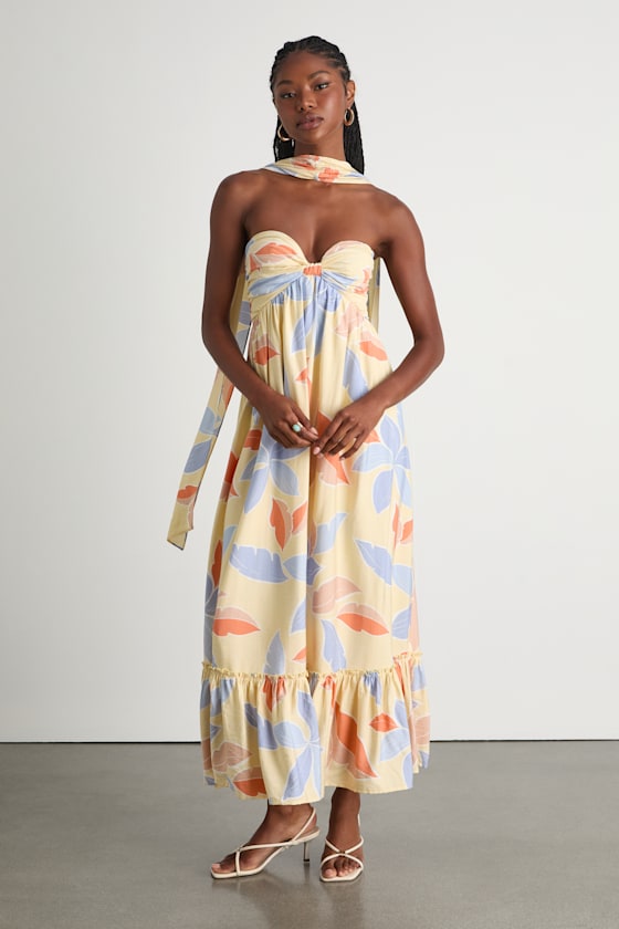 Kelia Light Yellow Leaf Print Midi Dress and Scarf Set