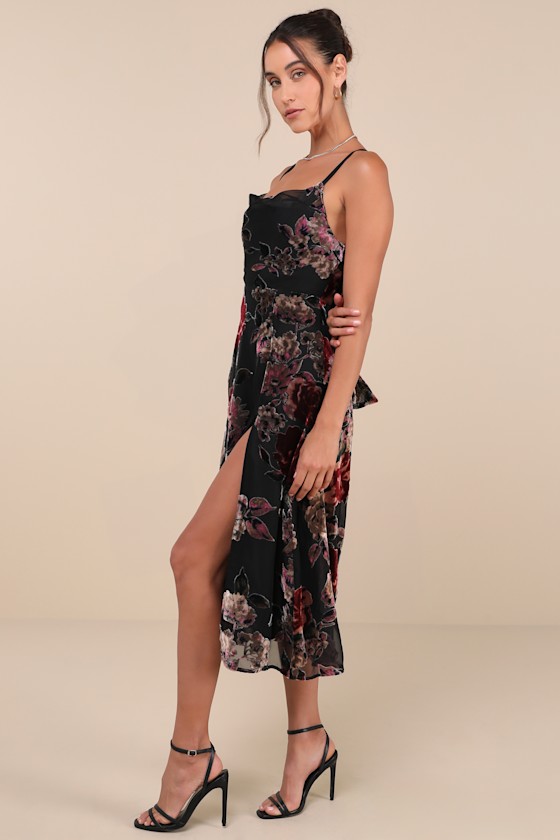 Exuberant Vibes Black Floral Velvet Burnout Tie-Back Midi Dress