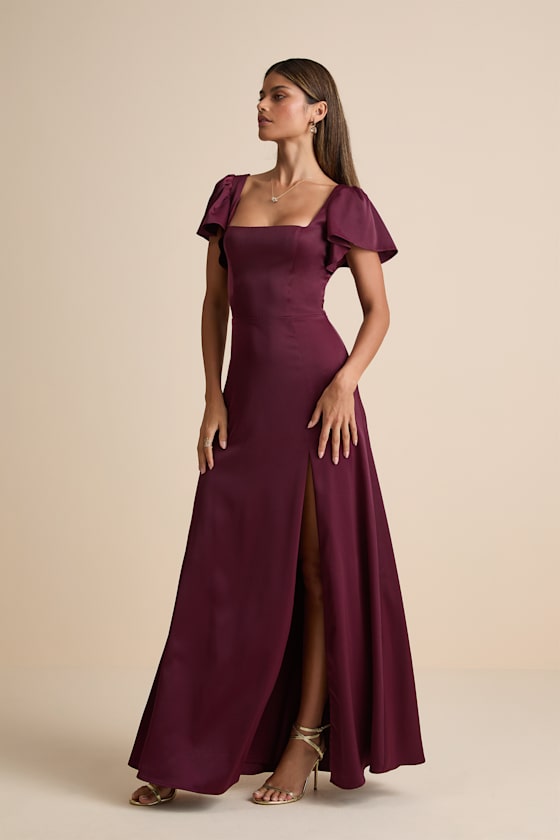 Ultimate Sweetness Plum Satin Flutter Sleeve Maxi Dress