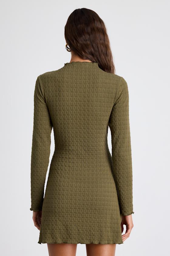 Flattering Forecast Olive Green Textured Long Sleeve Mini Dress