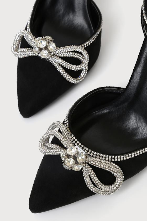 Lullie Black Suede Rhinestone Ankle Strap Pointed-Toe Pumps