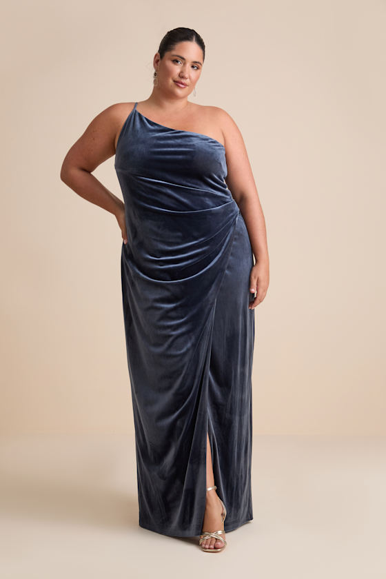 Elegant Era Dark Slate Blue Velvet One-Shoulder Maxi Dress