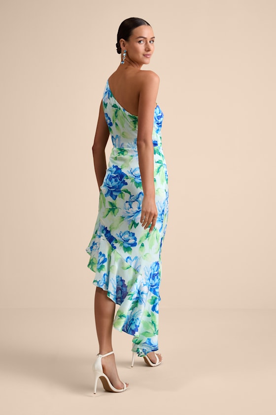 Divinely Blooming Lime Multi Floral One-Shoulder Midi Dress